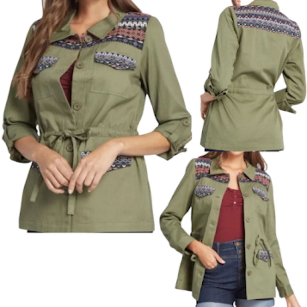 ModCloth Jacket Womens Medium Green Aztec Embroidered Front Button Twill Cotton